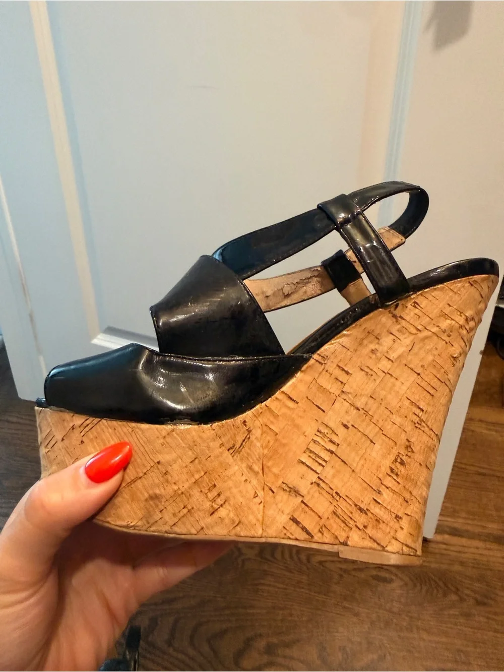 Steve Madden Black Patent Cork Wedge Sandals - Crisscross Slingback